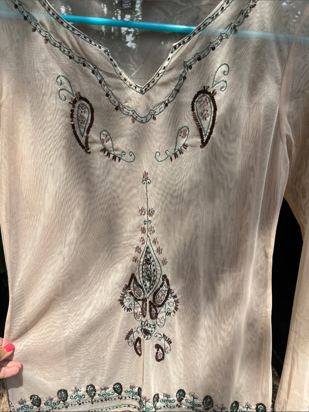 Embroidered V-Neck Tunic - Cream with Teal & Brown Accents